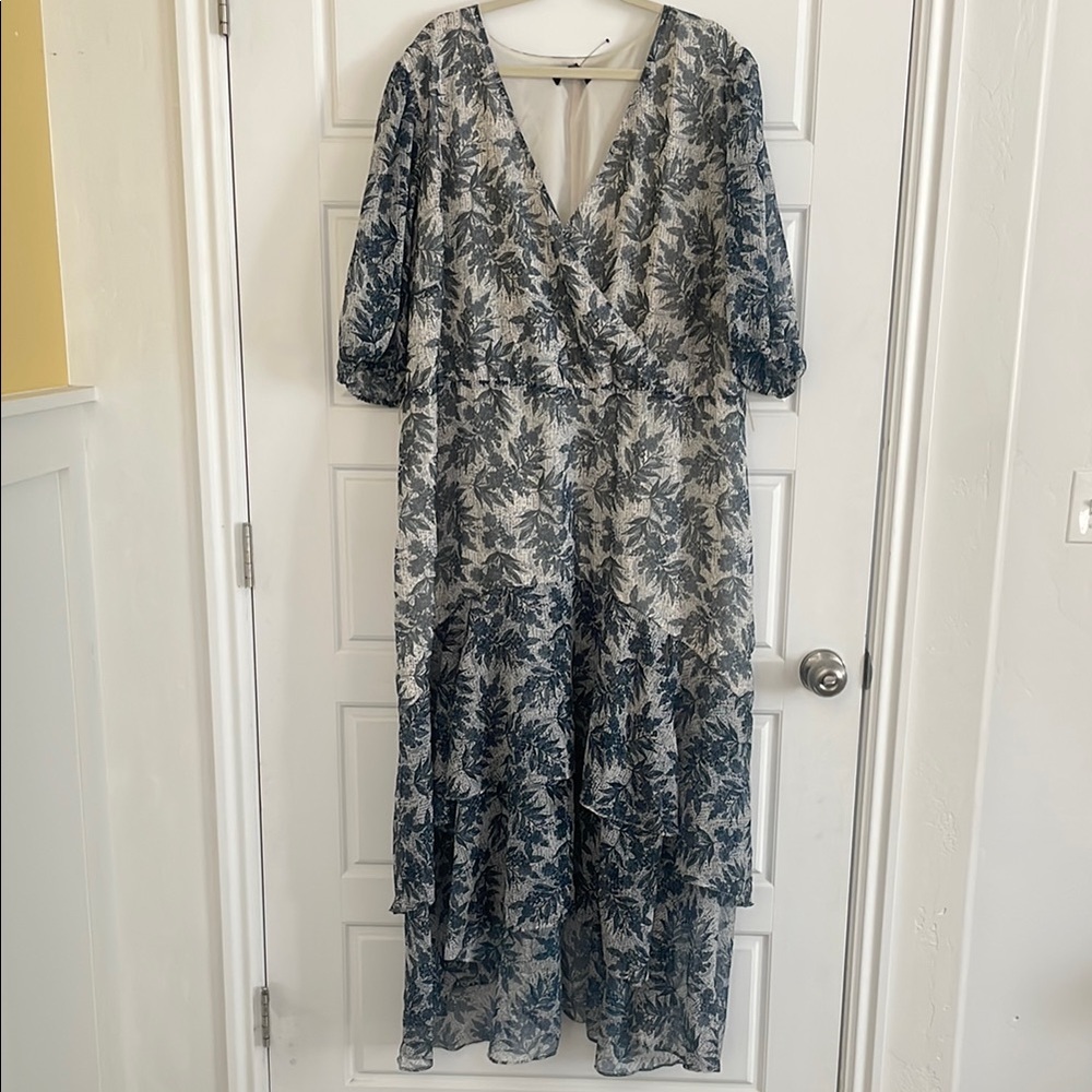 Eloquii Navy and White Plunge Neck Sundress with Bishop Sleeves